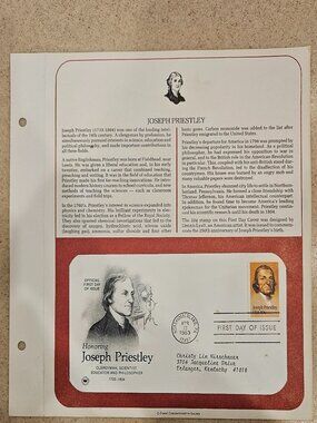 RARE COLLECTIBLE USPS 1ST DAY ISSUE COVER JOSEPH PRIESTLEY STAMP ENVELOPE FDC
